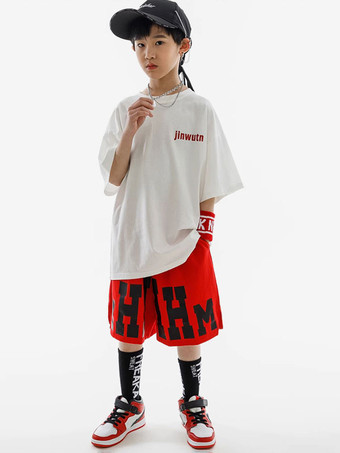 ヒップホップダンス衣装子供用赤白ユニセックスパンツトップセットヒップホップコットンストリートダンス衣装