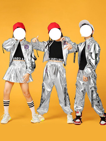 ヒップホップダンス衣装子供用シルバーメンズダンサートップパンツセットヒップホップポリエステルストリートダンス衣装