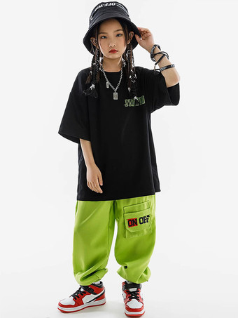 ヒップホップ ダンス コスチューム 子供用 ブラック ユニセックス トップ パンツ セット コットン ストリート ダンス コスチューム