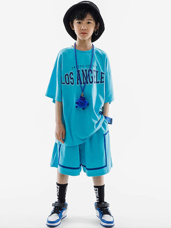 Cyan blueHip Hop Dance Costumes Kid's Cyan Blue Unisex Top Pants Set Hip Hop Cotton Street Dancing Costume