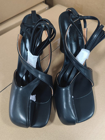Black Pink Split Toe Sandals Block Heel Strappy Sandals