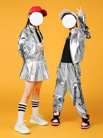 ヒップホップダンス衣装子供用シルバーメンズダンサートップパンツセットヒップホップポリエステルストリートダンス衣装