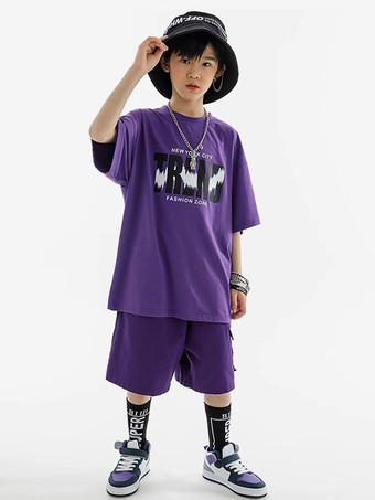 ヒップホップダンス衣装子供用パープルユニセックスパンツトップセットヒップホップコットンストリートダンス衣装