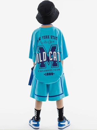 Hip Hop Dance Costumes Kid's Cyan Blue Unisex Top Pants Set Hip Hop Cotton Street Dancing Costume