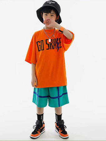 ヒップホップダンス衣装子供用オレンジユニセックストップパンツセットヒップホップコットンストリートダンス衣装