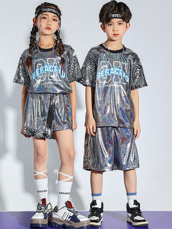 シルバー ジャズダンス衣装女性用ポリエステルスカートトップダンスウェア