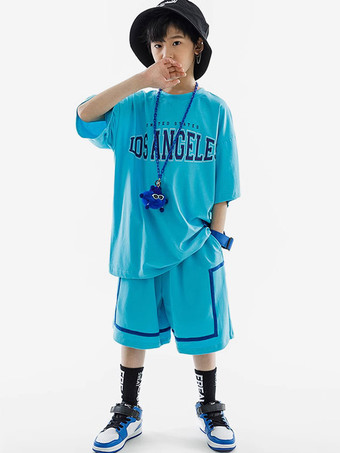 Hip Hop Dance Costumes Kid's Cyan Blue Unisex Top Pants Set Hip Hop Cotton Street Dancing Costume