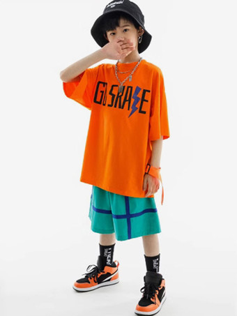 ヒップホップダンス衣装子供用オレンジユニセックストップパンツセットヒップホップコットンストリートダンス衣装
