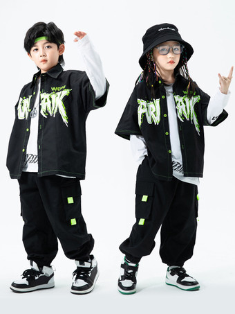 ブラック ジャズダンスコスチューム ユニセックス ポリエステル トップパンツ オーバーコート ダンスウェア