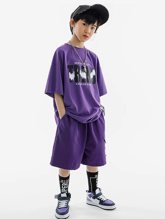 ヒップホップダンス衣装子供用パープルユニセックスパンツトップセットヒップホップコットンストリートダンス衣装