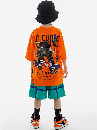 ヒップホップダンス衣装子供用オレンジユニセックストップパンツセットヒップホップコットンストリートダンス衣装