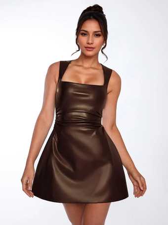 ブラウンフェイクレザードレス スクエアネック ルーシュウエスト Aライン ミニクラブドレス レディース 2026