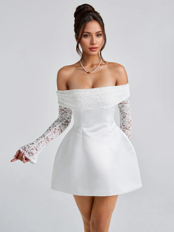 オフショルダーミニドレス、レース付き、長袖、Aライン、誕生日パーティードレス、女性用 2025