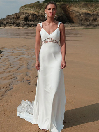 ボヘミアン ウェディングドレス レース レース ボールガウン コートトレイン ナチュラルウエスト ジッパー ノースリーブ Vネック ホワイト