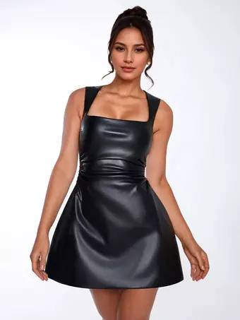 slim fit dress slacks Faux Leather One Shoulder Ruched Dress. – Urbanheer main image 0
