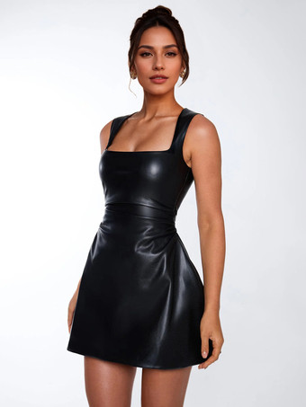 フェイクレザードレス スクエアネック ルーシュウエスト Aライン ミニクラブドレス レディース 2026