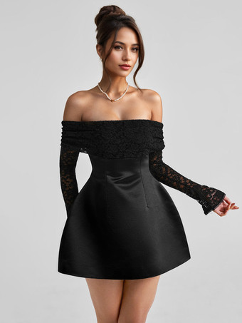 オフショルダーミニドレス、レース付き、長袖、Aライン、誕生日パーティードレス、女性用 2025