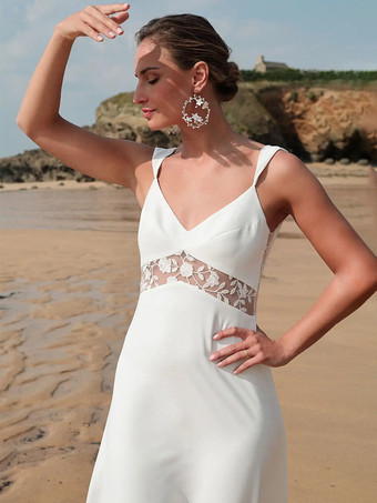 ホワイトボヘミアン ウェディングドレス レース レース ボールガウン コートトレイン ナチュラルウエスト ジッパー ノースリーブ Vネック ホワイト