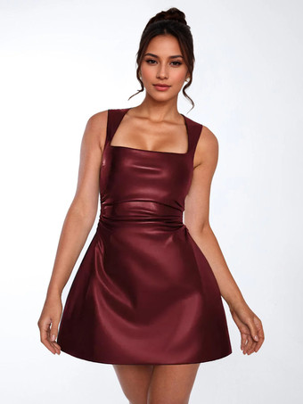 ワインレッド フェイクレザードレス スクエアネック ルーシュウエスト Aライン ミニクラブドレス レディース 2026