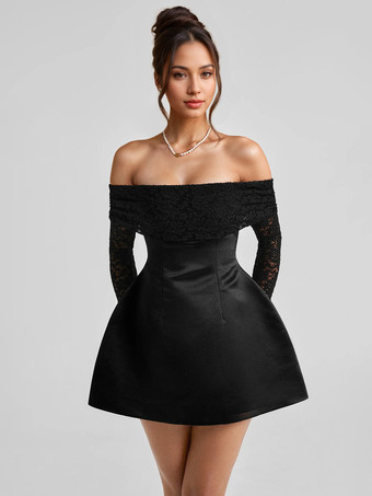 ブラック オフショルダーミニドレス、レース付き、長袖、Aライン、誕生日パーティードレス、女性用 2025