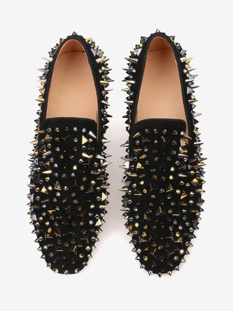 新学期向けメンズリベットローファーシューズ スリッポン アートワーク ラウンドトゥ マイクロスエードアッパー プロム パーティー ウェディングシューズ