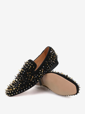 新学期向けメンズリベットローファーシューズ スリッポン アートワーク ラウンドトゥ マイクロスエードアッパー プロム パーティー ウェディングシューズ