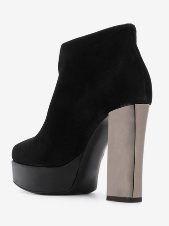 女性の黒のブーツ スエード Platfrom ラウンド トゥ チャンキー ヒール ショート ブーツ