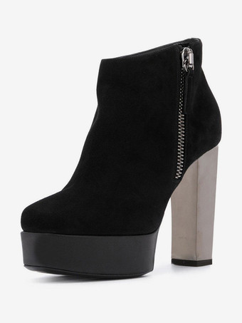 ブラック 女性の黒のブーツ スエード Platfrom ラウンド トゥ チャンキー ヒール ショート ブーツ