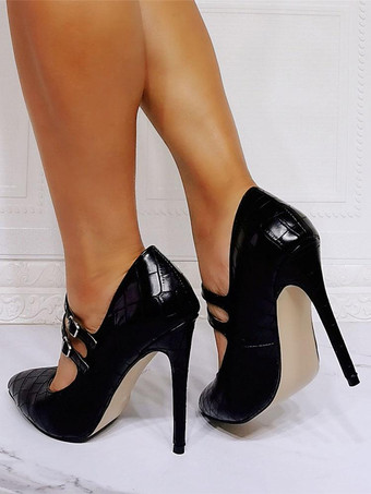 ハイヒール先のとがったつま先スチレットヒールシックなブラックメアリージェーンヒール