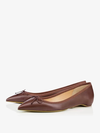 ブラウン レディース ボウ ポインテッドトゥ PUレザー バレエフラット