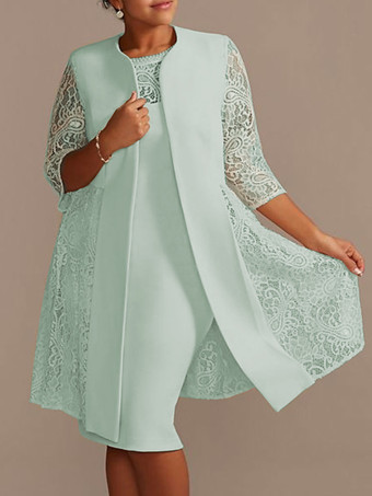 パステルグリーンアイボリーマザードレスレースサテン生地ハーフスリーブオーバーコートジュエルネックノースリーブシースショートウェディングゲストドレス衣装
