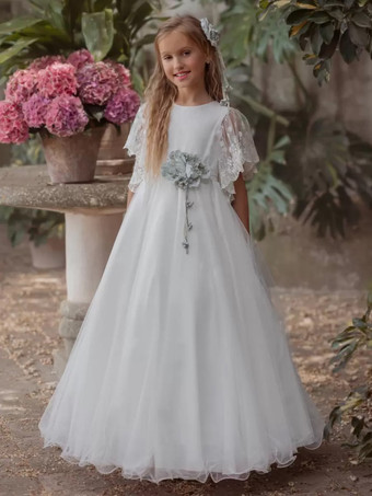 アイボリーホワイトフラワーガールドレス アイボリーチュール 半袖 ジュエルネック フラワーガールドレス