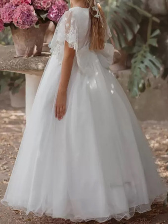 ホワイト ホワイトフラワーガールドレス アイボリーチュール 半袖 ジュエルネック フラワーガールドレス