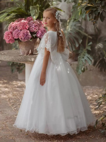 ホワイトフラワーガールドレス アイボリーチュール 半袖 ジュエルネック フラワーガールドレス