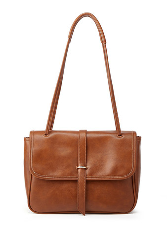 ブラウン大容量ショルダーバッグ フェイクレザー フラップバッグ レディース 2025