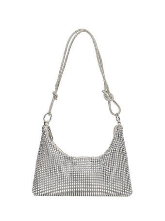 シルバー ラインストーンショルダーバッグ 光沢のあるハンドバッグ 女性用 2025