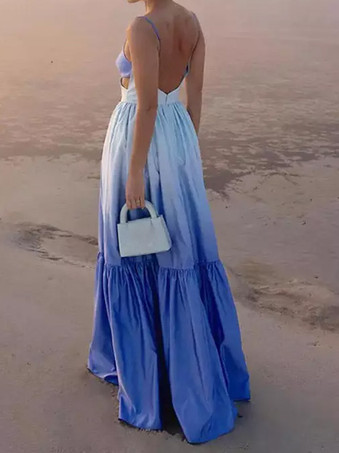 ブルーグラデーションマキシドレス カットアウトウエスト 夏休み ビーチストラップドレス レディース 2025
