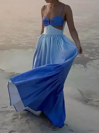 ブルーグラデーションマキシドレス カットアウトウエスト 夏休み ビーチストラップドレス レディース 2025