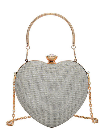 シルバー ハート型クロスボディバッグ チェーン付き 光沢のあるパーティークラッチ 女性用 2025