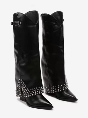 ブラック ニーハイブーツ レディース ラインストーン ポインテッドトゥ チャンキーヒール フォールドオーバーブーツ