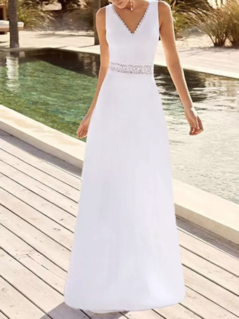 ホワイトシンプルなウェディングドレス Aライン Vネック ノースリーブ レース ブライダルドレス 無料カスタマイズ