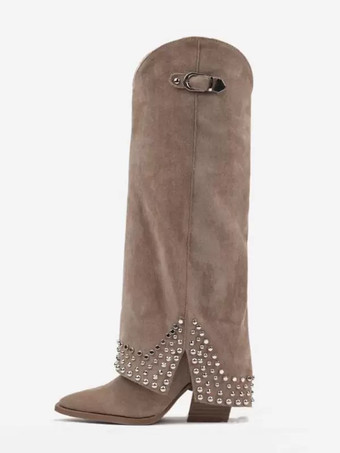 ブラウン ブラック ニーハイブーツ レディース ラインストーン ポインテッドトゥ チャンキーヒール フォールドオーバーブーツ