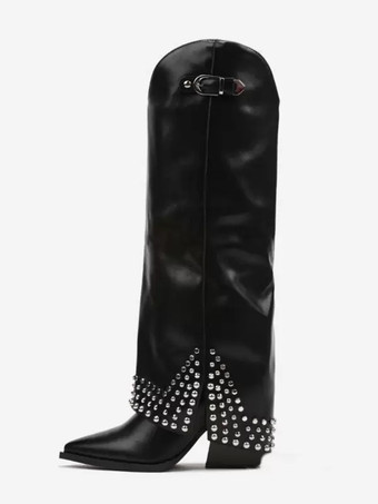 PUブラックブラック ニーハイブーツ レディース ラインストーン ポインテッドトゥ チャンキーヒール フォールドオーバーブーツ