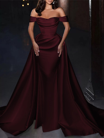 バーガンディーカクテルドレス付き かわいいショート丈 膝丈 オフショルダー プリーツ サテン生地