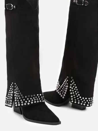 ブラック ブラック ニーハイブーツ レディース ラインストーン ポインテッドトゥ チャンキーヒール フォールドオーバーブーツ