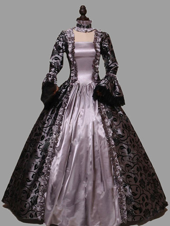 パープル プリンセス 女性用 貴族ドレス 中世 ドレス ゴールド 長袖 ポリエステル 綿じゅす ダンスパーティー チョーカー ドレス ヴィンテージ 中世 ドレス・貴族ドレス ヨーロッパ　宮廷風 レトロコスチューム コスチューム コスチューム