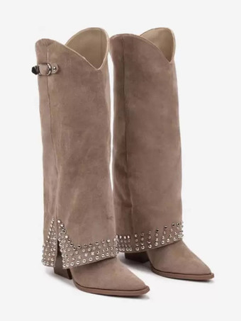 ブラック ニーハイブーツ レディース ラインストーン ポインテッドトゥ チャンキーヒール フォールドオーバーブーツ