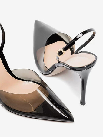 Zapatos de tacón alto negros transparentes con punta puntiaguda y tira trasera 2025