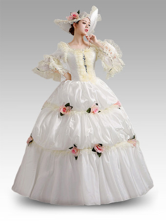 Ecru Weiß Retro Kostüme Blumen Polyester Kleid Damen Retro Tunika Marie Antoinette Kostüm Retro Kleidung