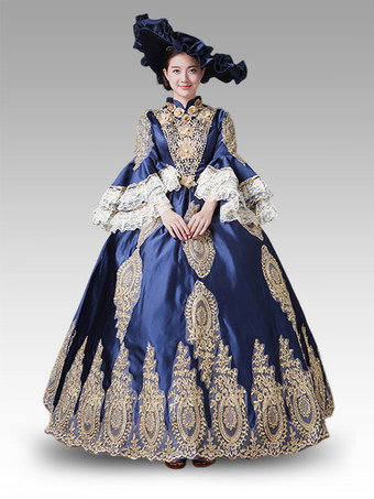 De Estilo Vintage Vestido victoriano rococó Vestido de Lolita clásico azul de manga larga de encaje Vestido de carnaval